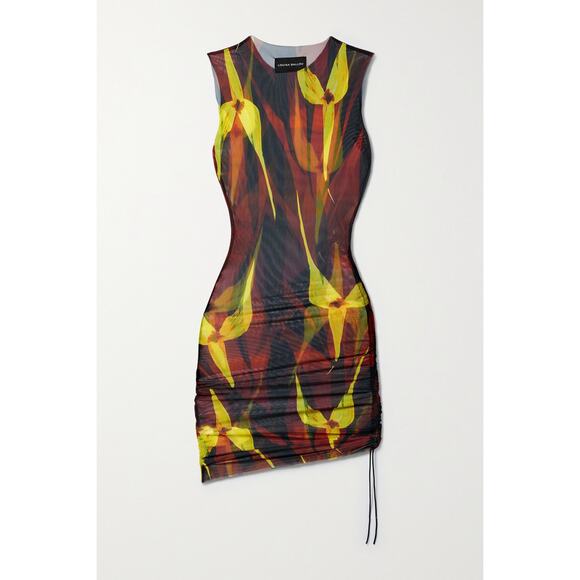 Louisa Ballou Dresses & Skirts - Louisa Ballou 'Heatwave' Brown Ruched Floral Print Stretch-Mesh Mini Dress Size